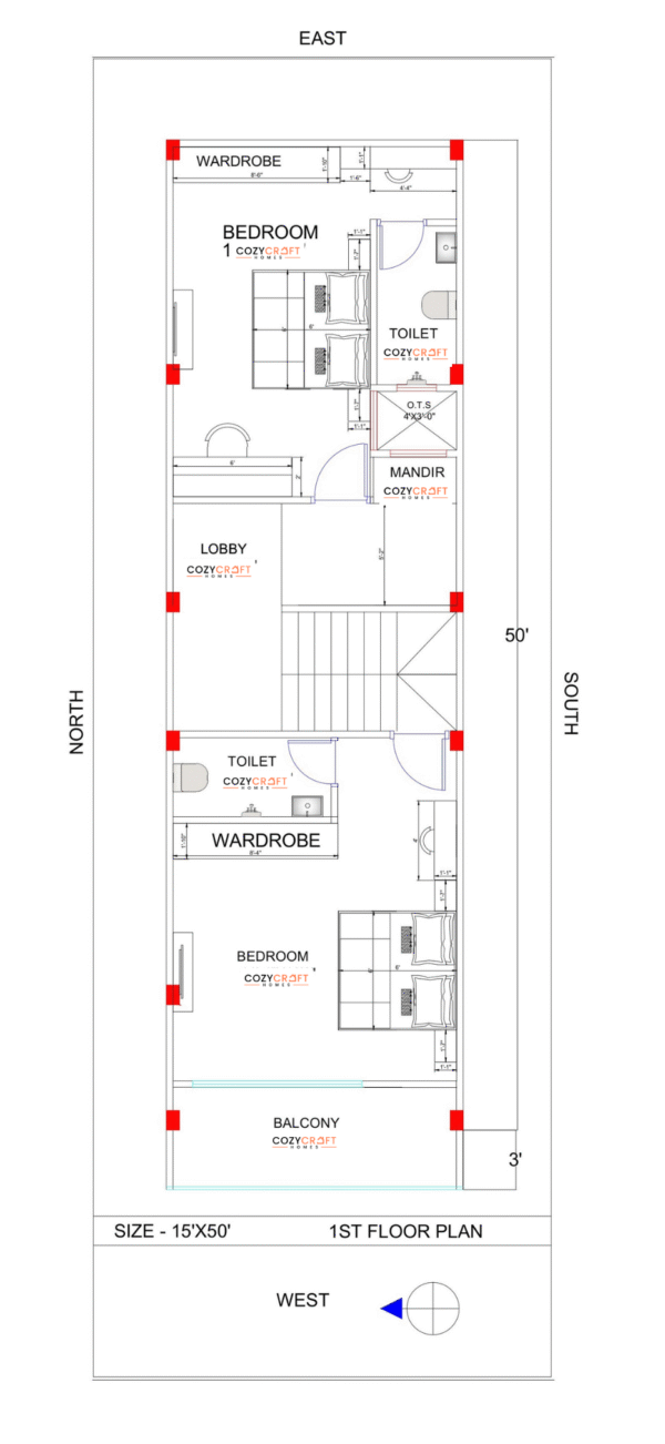 15x50 House Floor Plan – West Facing Compact Vastu Layout | CozyCraft Homes - Image 2