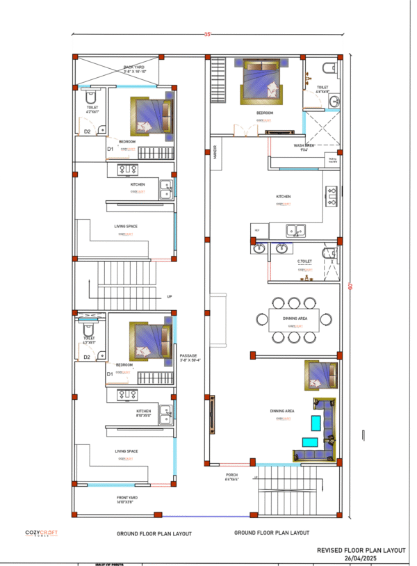 30x50 Floor Plan with 3D Elevation – West Facing Vastu Compliant | CozyCraft Homes - Image 2
