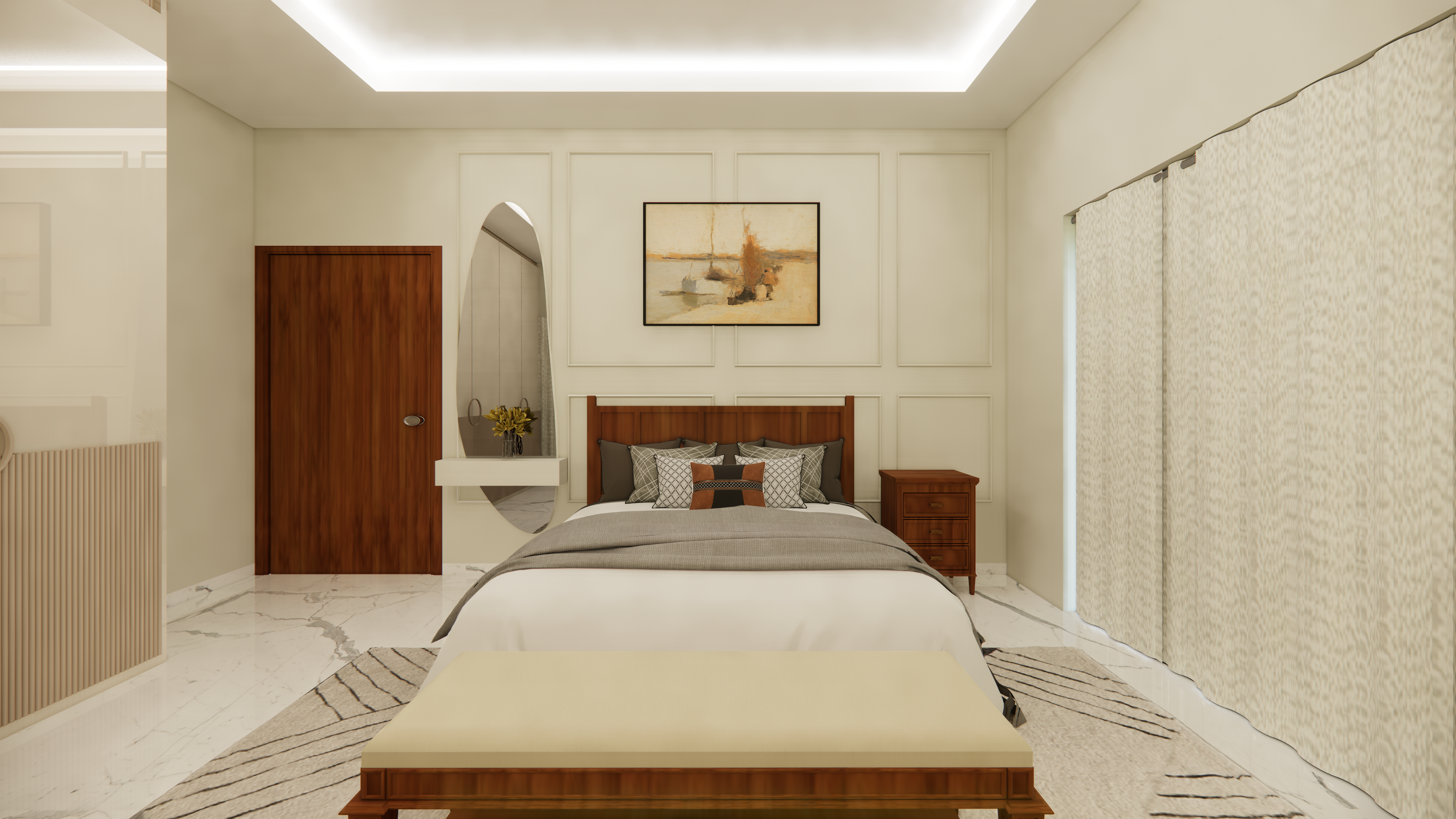 3BHK Farmhouse 3D Interior Design – Kitchen, Courtyard & Bedrooms | CozyCraft Homes - Image 6