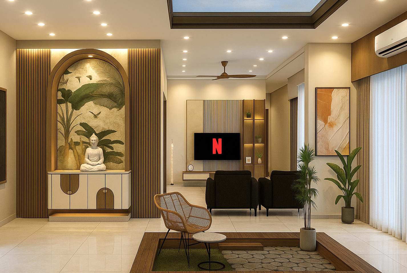 3BHK Farmhouse 3D Interior Design – Kitchen, Courtyard & Bedrooms | CozyCraft Homes - Image 2